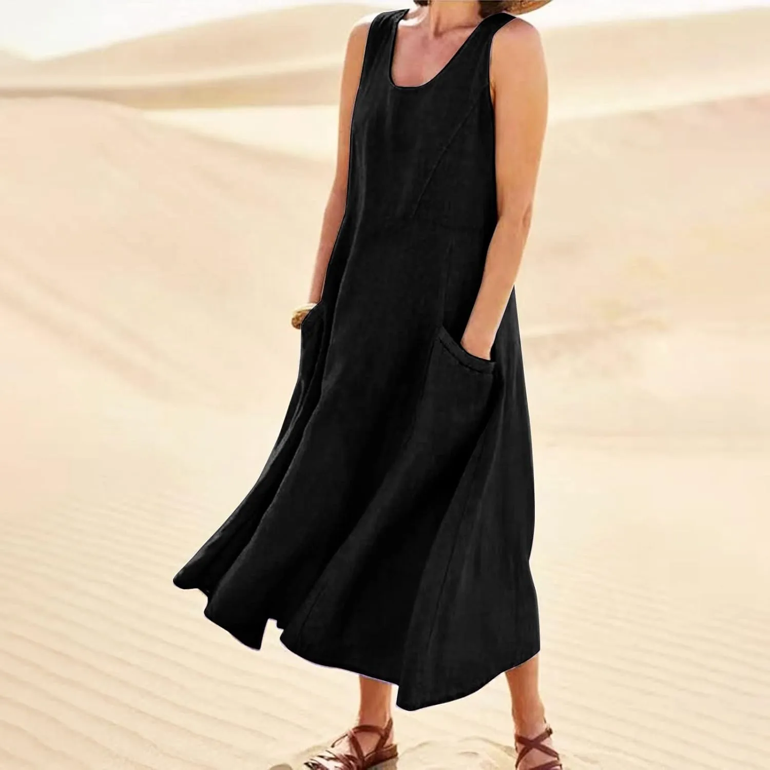 Women's Cotton Linen Long Dress Summer Sleeveless Flowy Maxi Dresses Plus Size Sundress with Pockets Beach Dress
