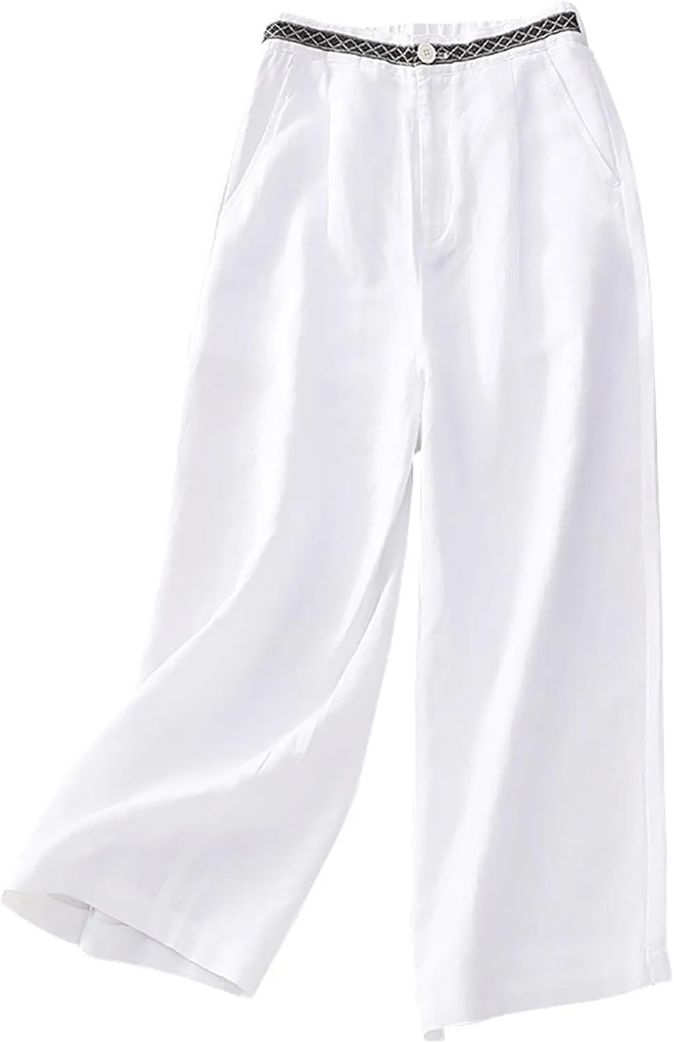 Women's Cotton Linen Solid Casual Trouser Button Elastic Waist Wide Leg Loose Flowy Pants Summer Lightweight Pant