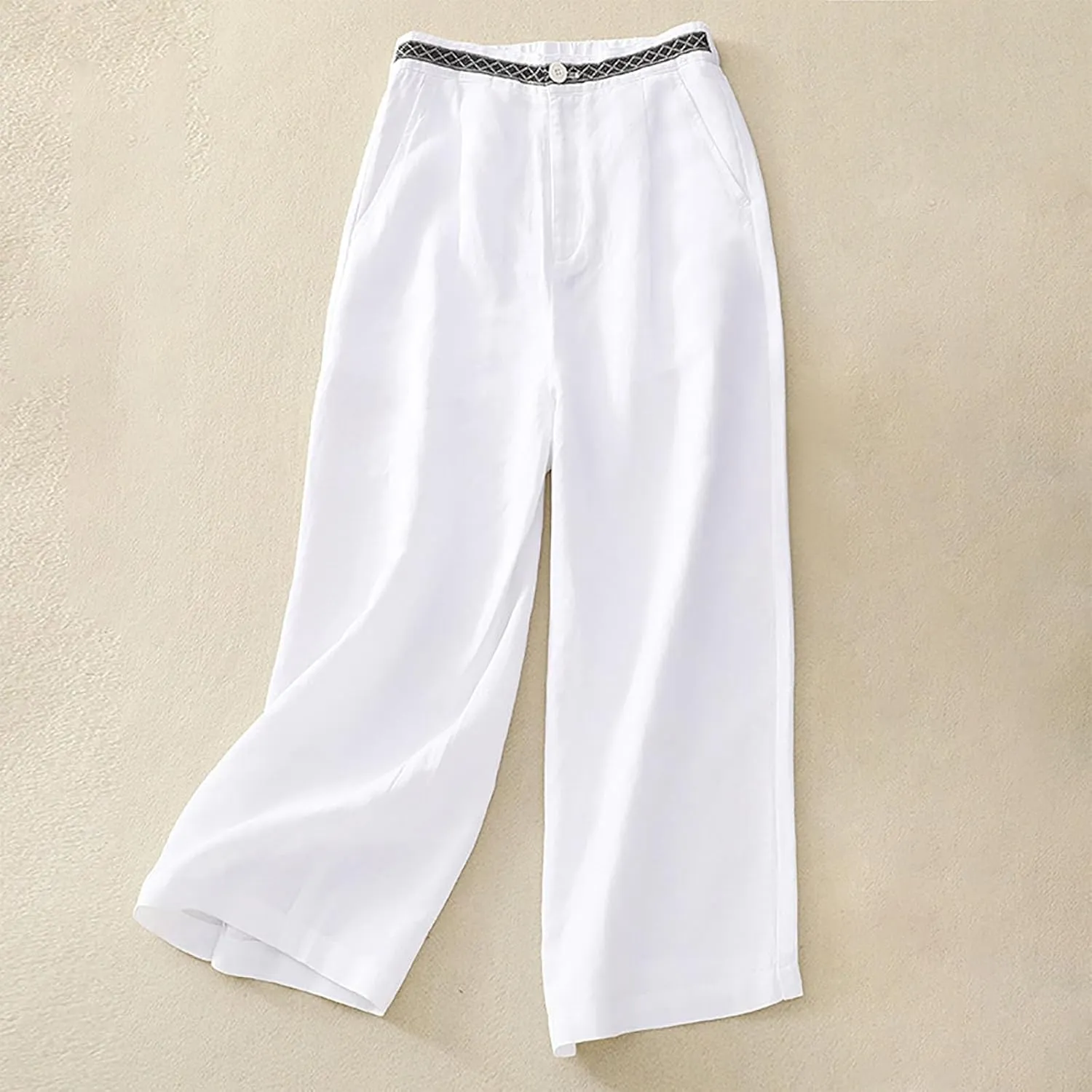 Women's Cotton Linen Solid Casual Trouser Button Elastic Waist Wide Leg Loose Flowy Pants Summer Lightweight Pant