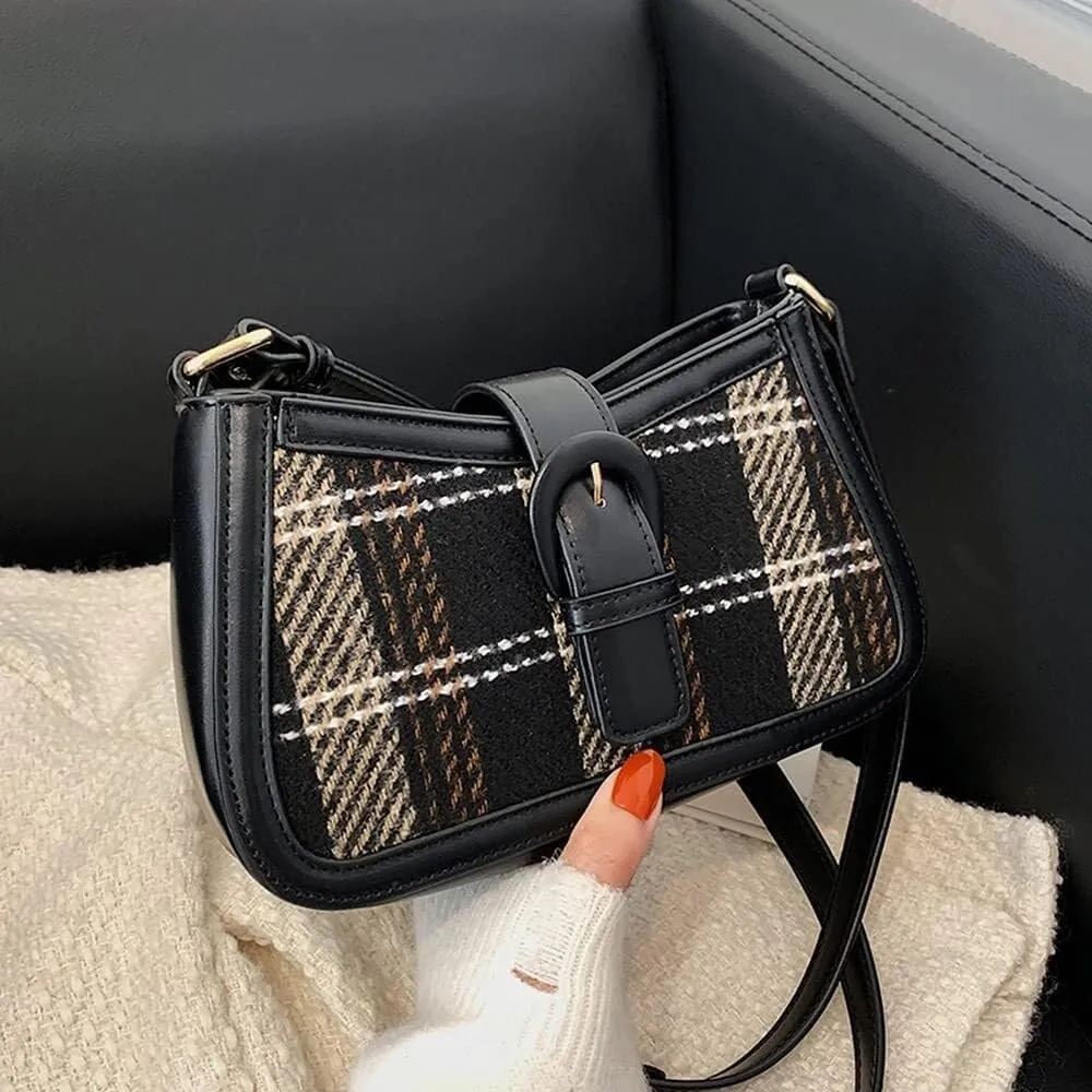 Women's Crossbody Bag Contrast Color Plaid Striped Saddle Shoulder Handbag Underarm Satchel Tote Clutch Purse Hobo Bag