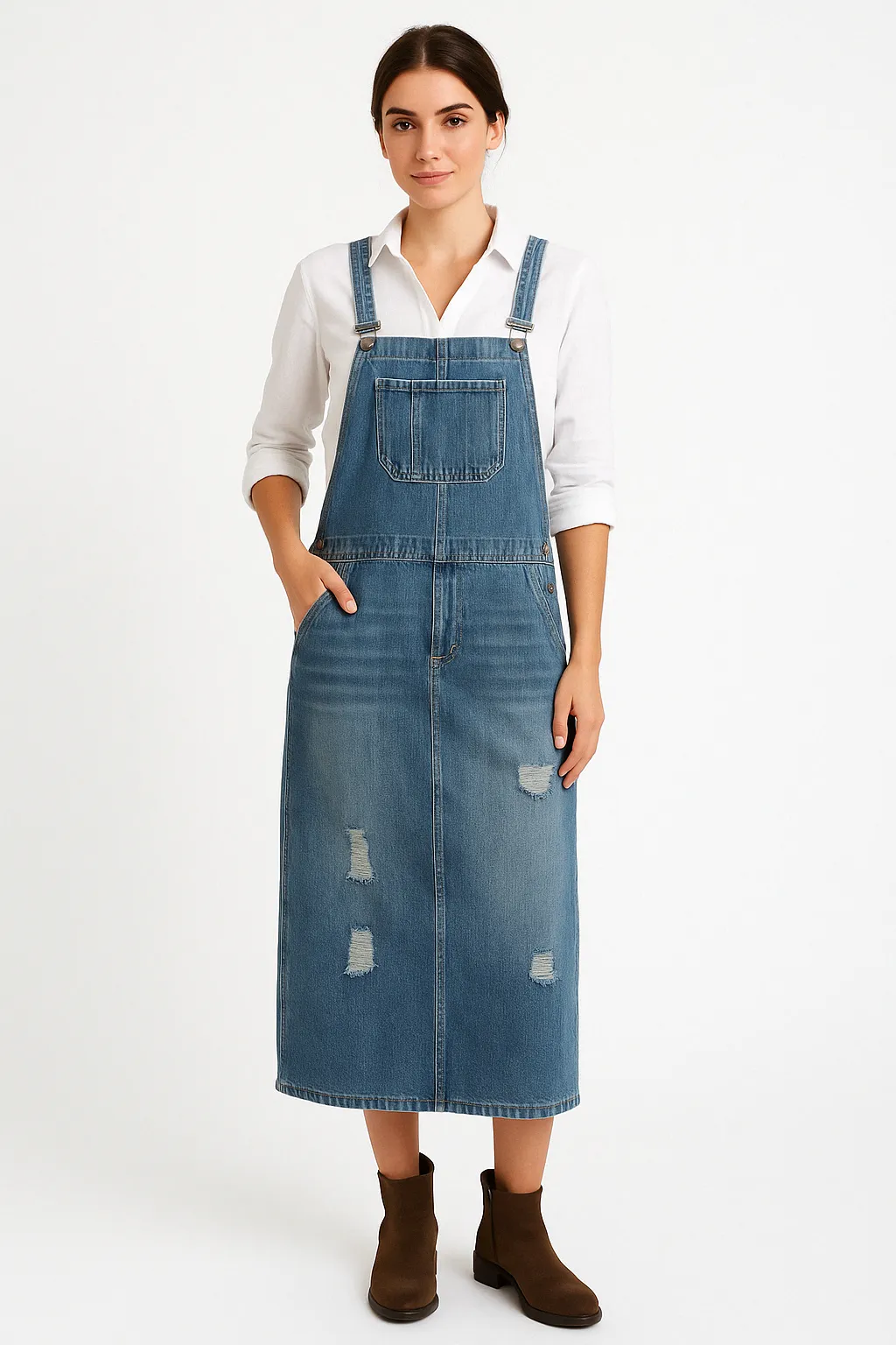 Womens Denim Dress  Relaxed Fit  Midi Length  Distressed  Adjustable Straps