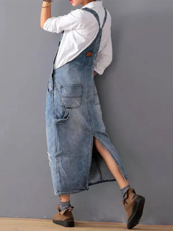 Womens Denim Dress  Relaxed Fit  Midi Length  Distressed  Adjustable Straps