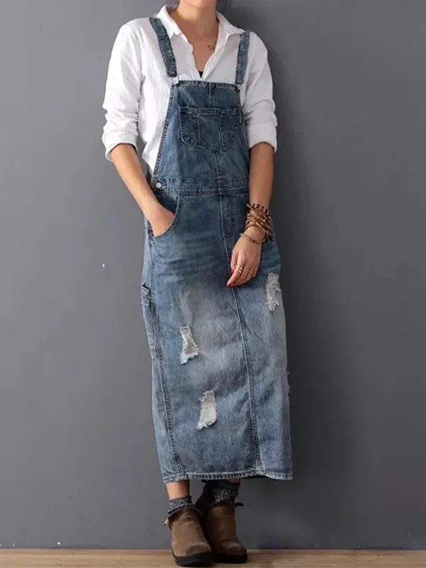 Womens Denim Dress  Relaxed Fit  Midi Length  Distressed  Adjustable Straps
