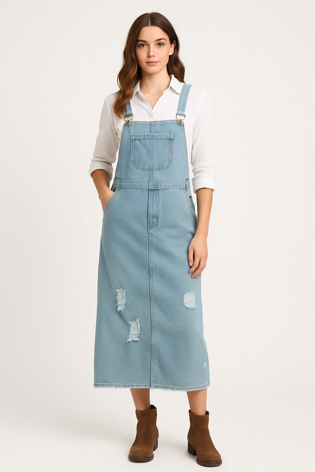 Womens Denim Dress  Relaxed Fit  Midi Length  Distressed  Adjustable Straps