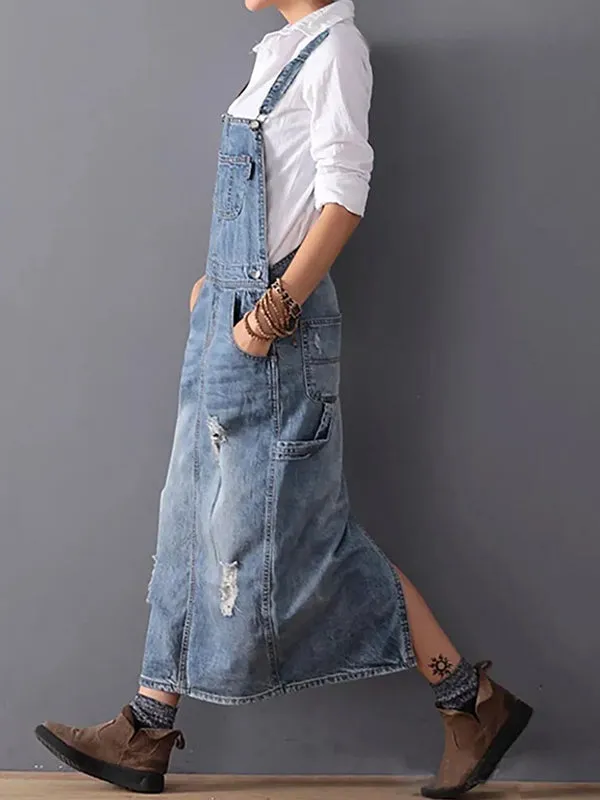 Womens Denim Dress  Relaxed Fit  Midi Length  Distressed  Adjustable Straps