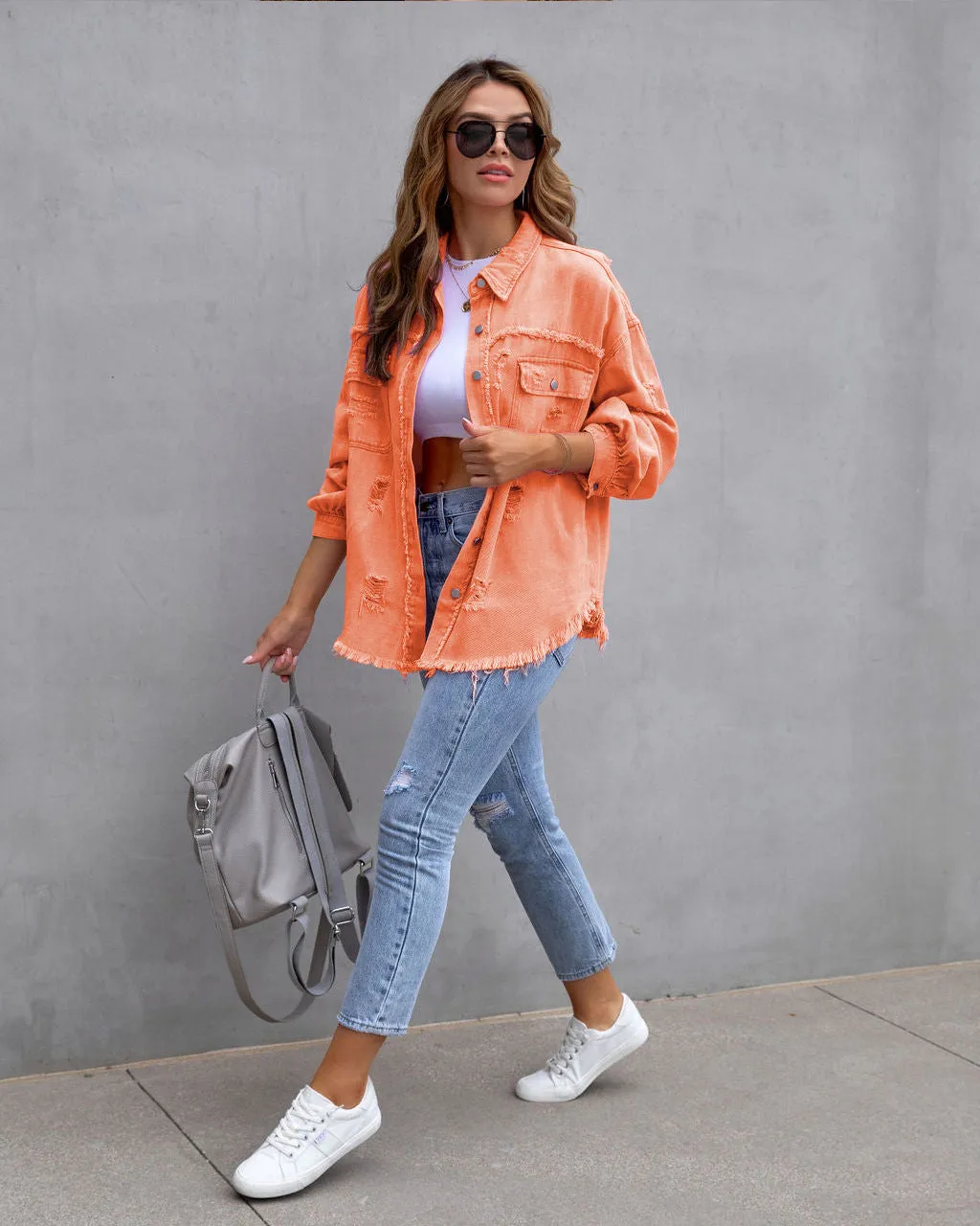 Womens Denim Jacket  Oversized Fit  Distressed Frayed  Mid Length Casual Layer