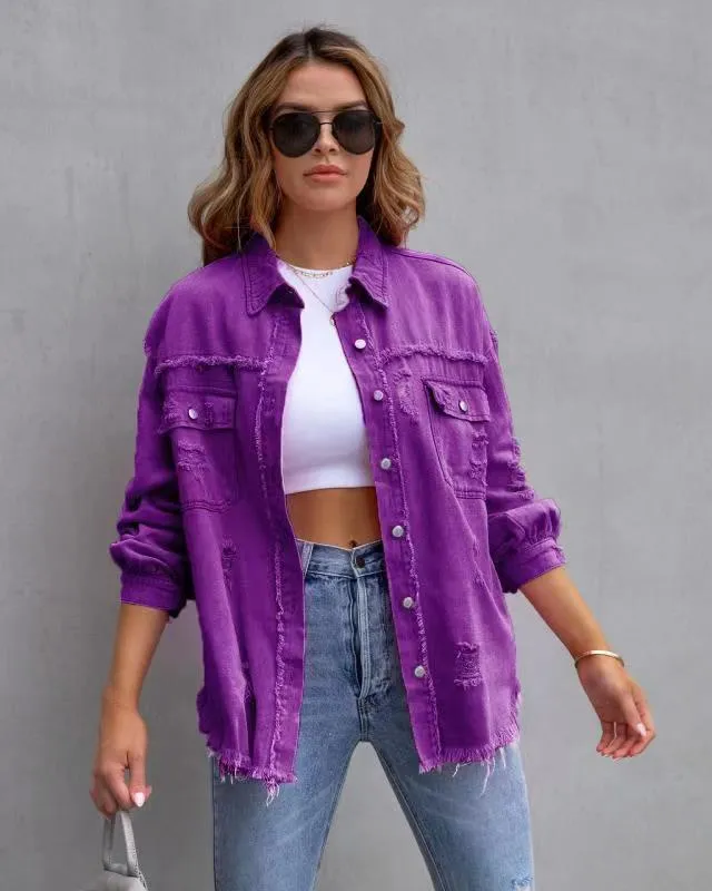 Womens Denim Jacket  Oversized Fit  Distressed Frayed  Mid Length Casual Layer
