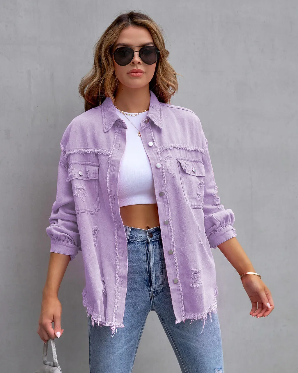 Womens Denim Jacket  Oversized Fit  Distressed Frayed  Mid Length Casual Layer