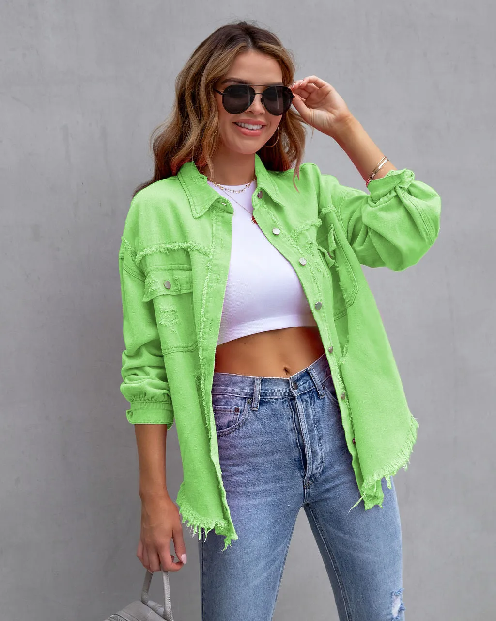 Womens Denim Jacket  Oversized Fit  Distressed Frayed  Mid Length Casual Layer