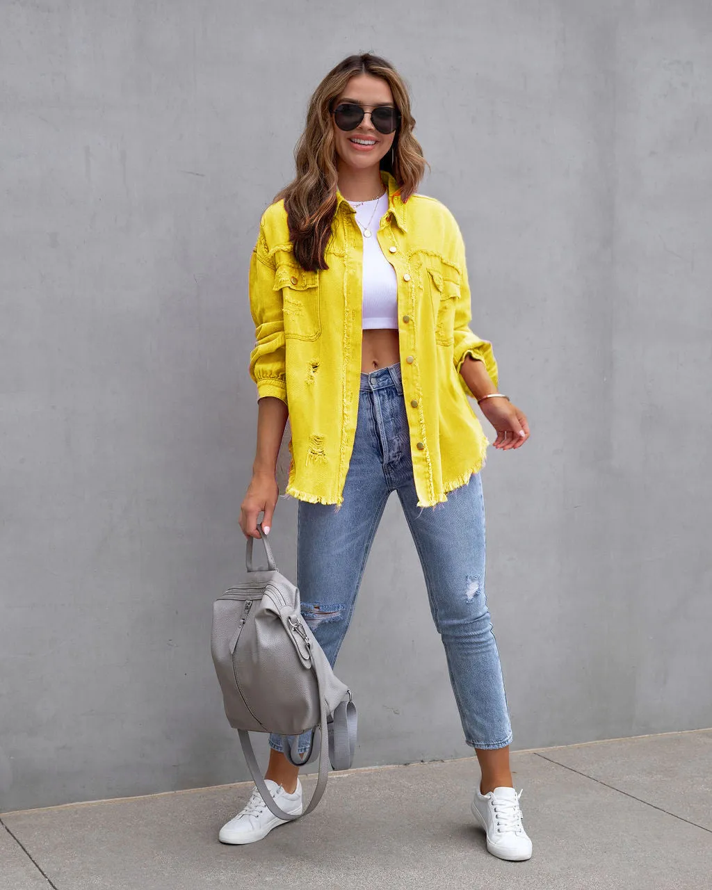 Womens Denim Jacket  Oversized Fit  Distressed Frayed  Mid Length Casual Layer