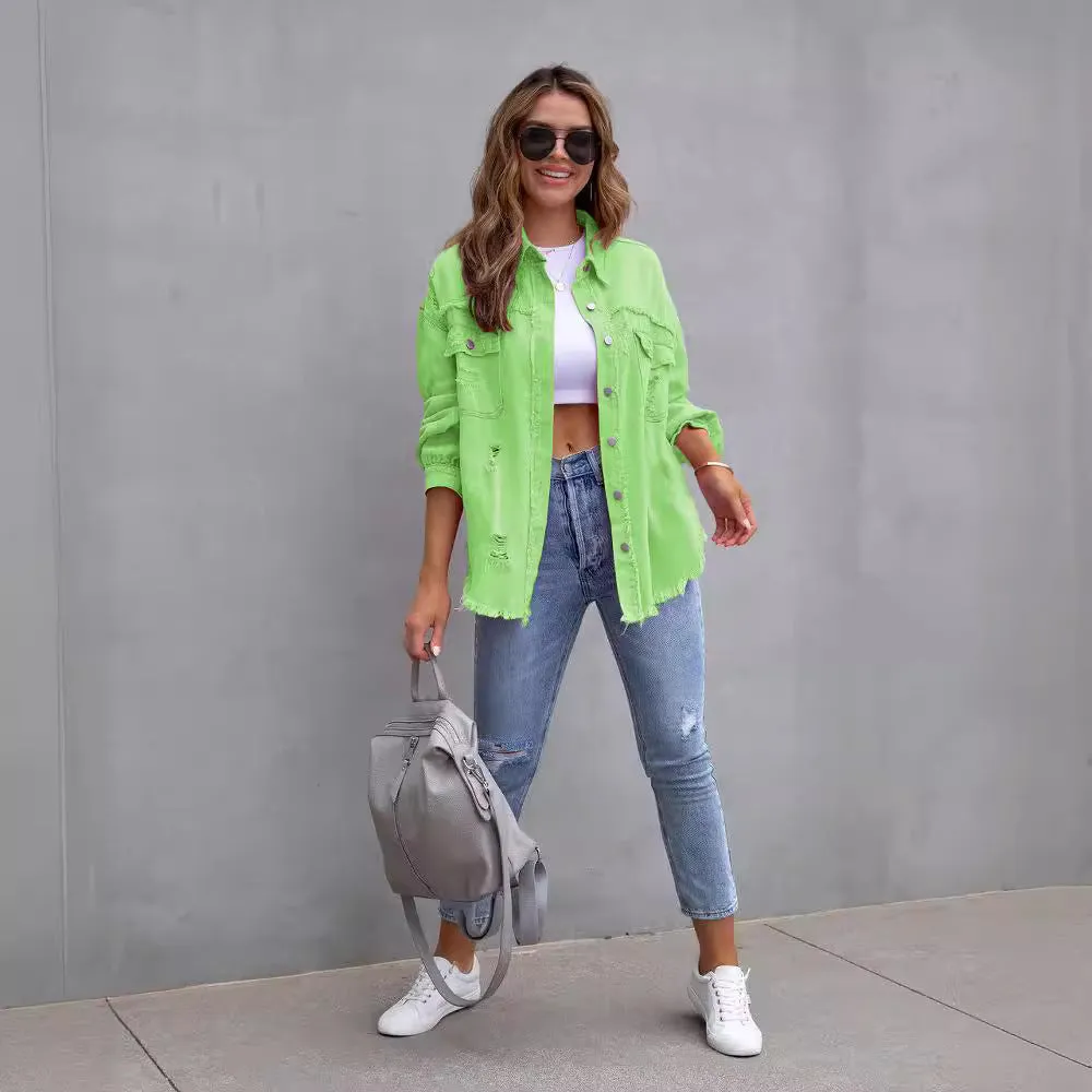 Womens Denim Jacket  Oversized Fit  Distressed Frayed  Mid Length Casual Layer