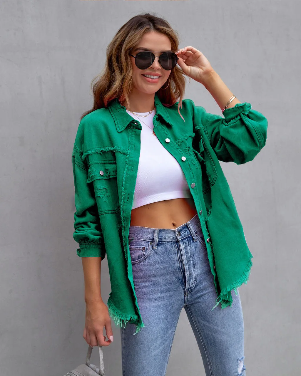 Womens Denim Jacket  Oversized Fit  Distressed Frayed  Mid Length Casual Layer