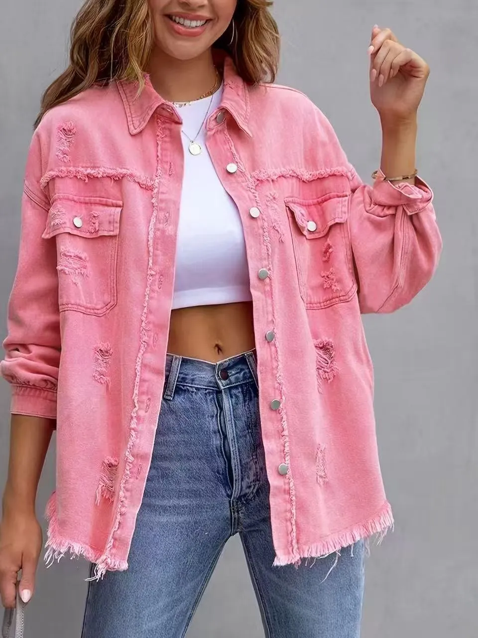 Womens Denim Jacket  Oversized Fit  Distressed Frayed  Mid Length Casual Layer