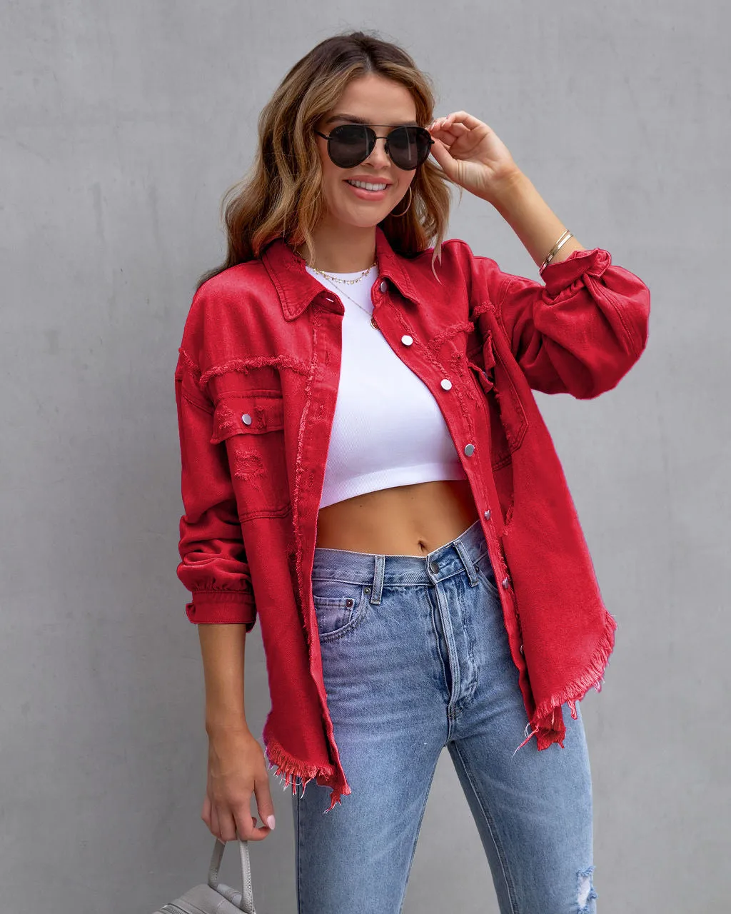 Womens Denim Jacket  Oversized Fit  Distressed Frayed  Mid Length Casual Layer