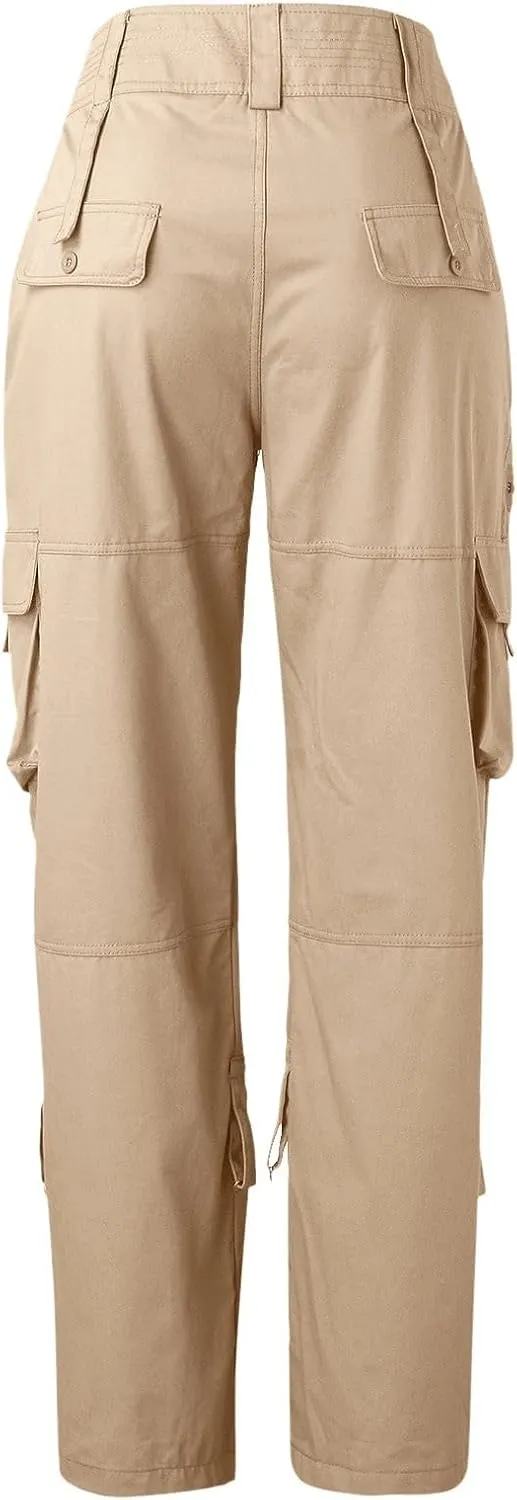 Womens Elastic High Waisted Cargo Pants Casual Relaxed Fit Multi Pockets Work Pants Trendy Y2K Streetwear Trousers