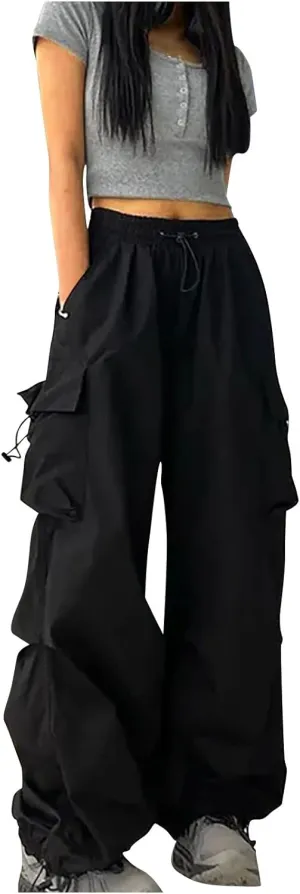 Women's Elastic Waist Cargo Pants Parachute Drawstring Overalls Wide Leg Trendy Y2K Pants Teen Girls Hiking Trousers