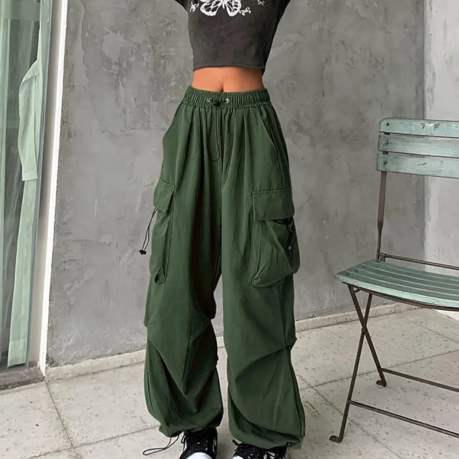 Women's Elastic Waist Cargo Pants Parachute Drawstring Overalls Wide Leg Trendy Y2K Pants Teen Girls Hiking Trousers