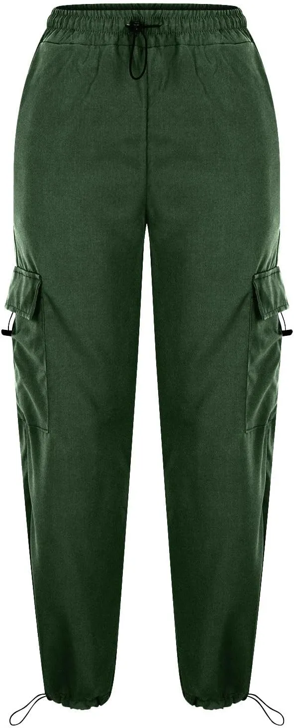 Women's Elastic Waist Cargo Pants Parachute Drawstring Overalls Wide Leg Trendy Y2K Pants Teen Girls Hiking Trousers