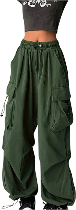 Women's Elastic Waist Cargo Pants Parachute Drawstring Overalls Wide Leg Trendy Y2K Pants Teen Girls Hiking Trousers