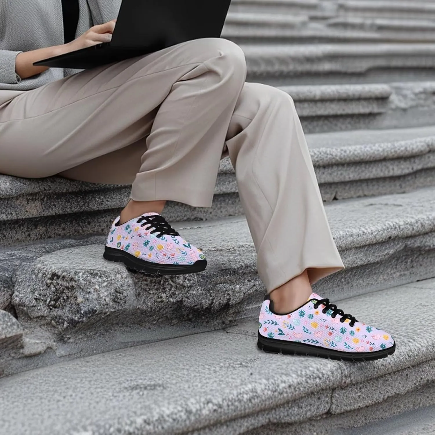 Women's Fashion Sneakers Low Top Casual Shoes Lightweight Wide Arch Support Travel Sneakers for Workout Size 5-12 Black Sole