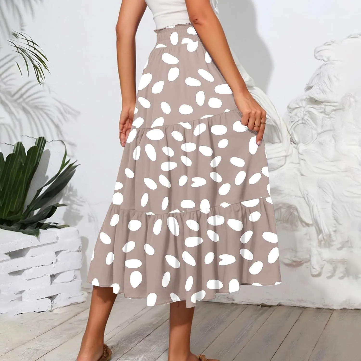 Women's Flowy Midi Skirt Pleated High Stretch Waisted Casual Boho Long Skirts with Pockets, S-2XL