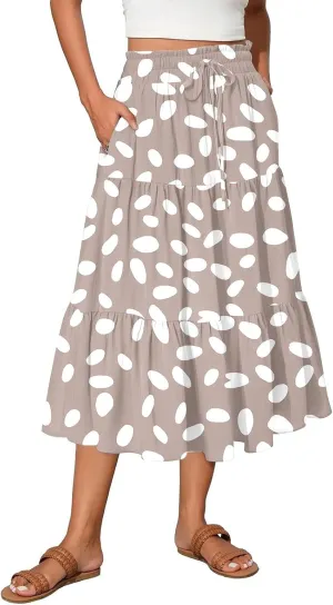 Women's Flowy Midi Skirt Pleated High Stretch Waisted Casual Boho Long Skirts with Pockets, S-2XL