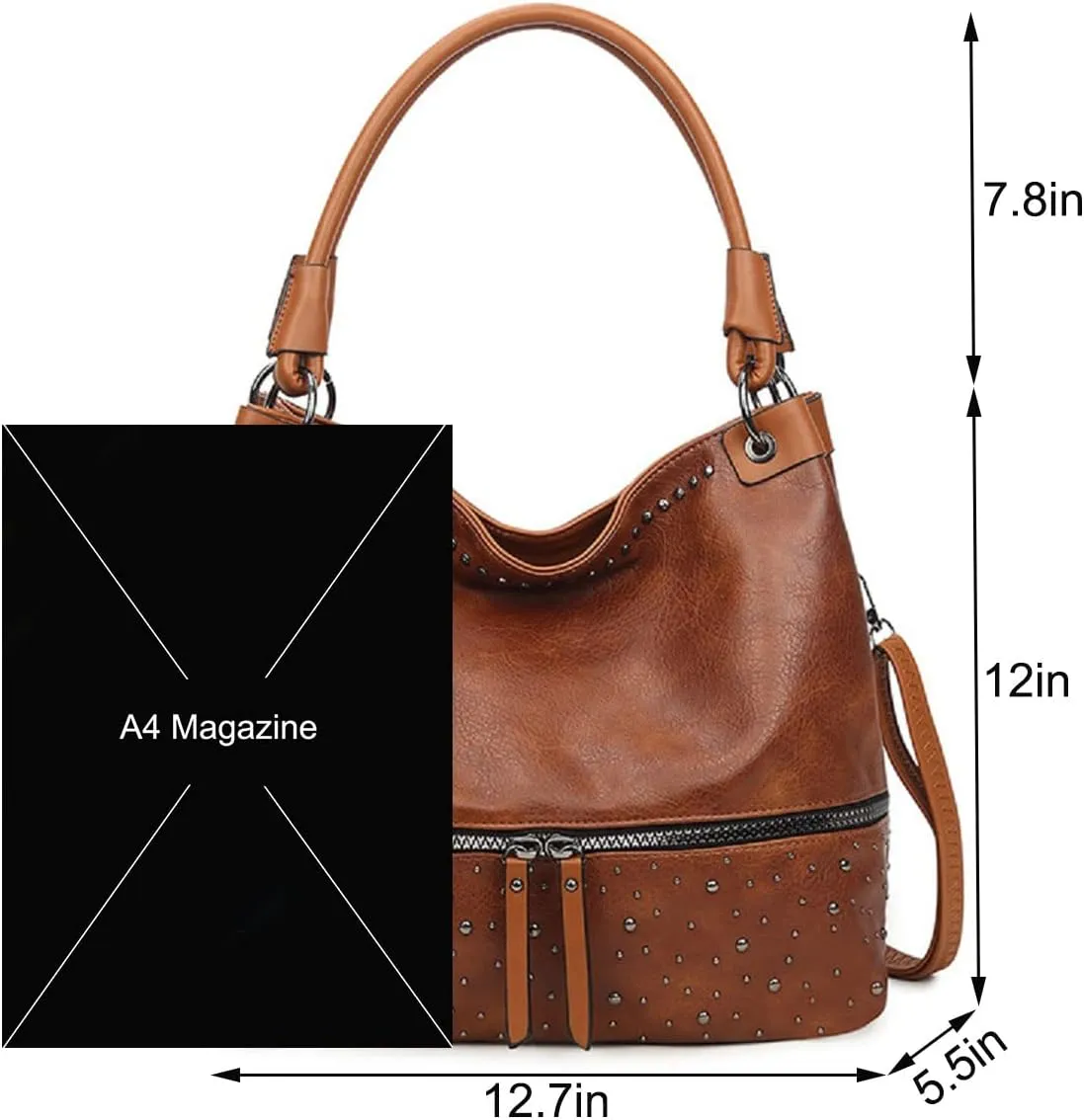 Women's Handbag PU Leather Shoulder Bag Rivets Satchel Fashion Purse Hobo Tote Top-Handle Crossbody Bag