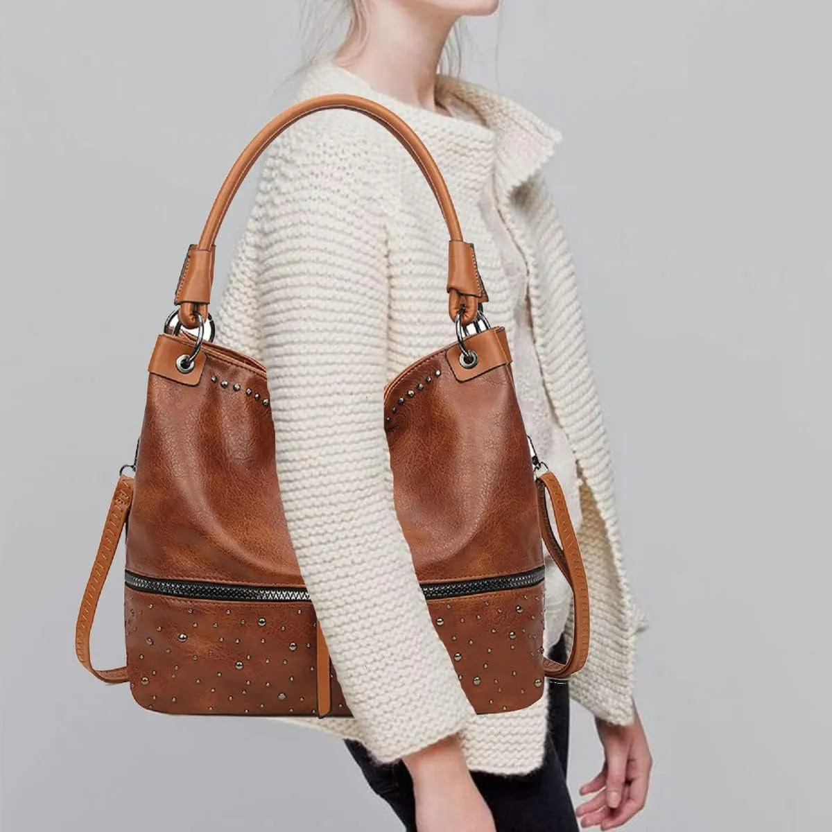 Women's Handbag PU Leather Shoulder Bag Rivets Satchel Fashion Purse Hobo Tote Top-Handle Crossbody Bag
