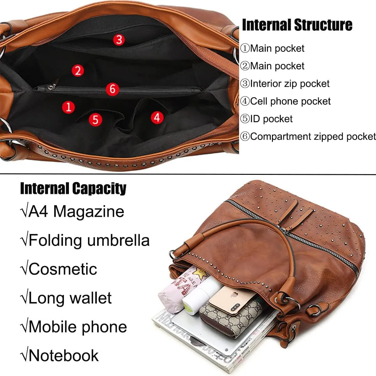 Women's Handbag PU Leather Shoulder Bag Rivets Satchel Fashion Purse Hobo Tote Top-Handle Crossbody Bag