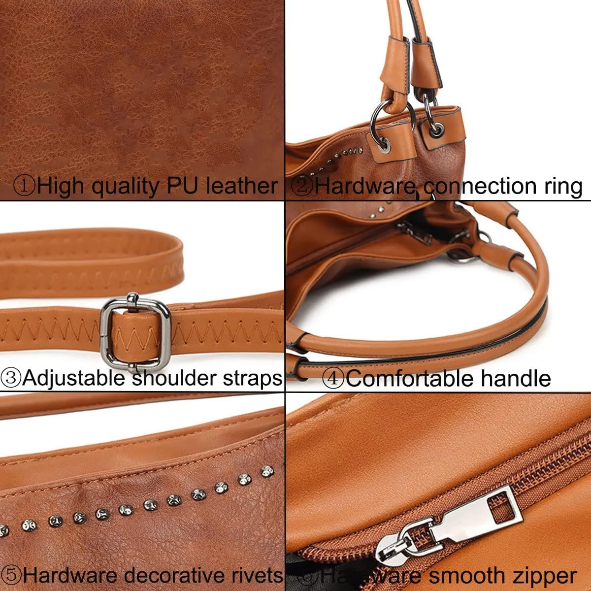 Women's Handbag PU Leather Shoulder Bag Rivets Satchel Fashion Purse Hobo Tote Top-Handle Crossbody Bag