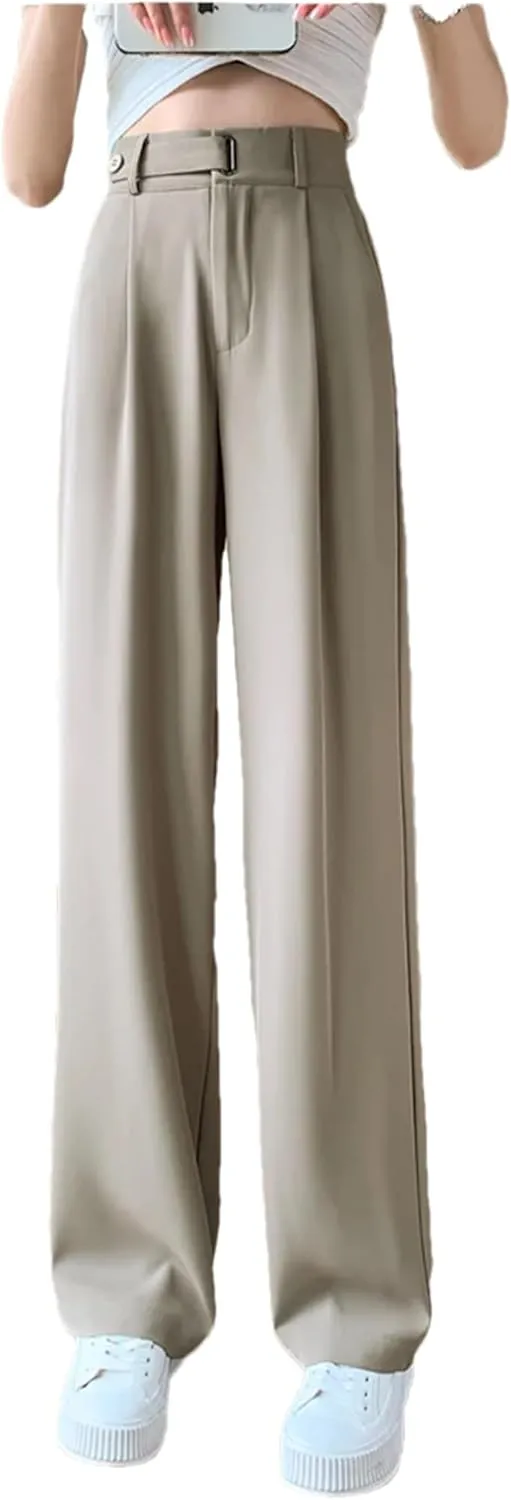 Women's High Waist Suit Wide Leg Full Pants Buttons Summer Straight Loose Trousers