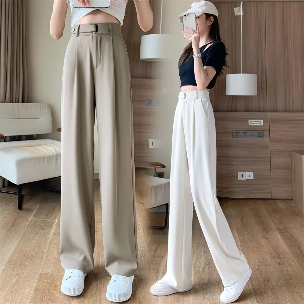 Women's High Waist Suit Wide Leg Full Pants Buttons Summer Straight Loose Trousers