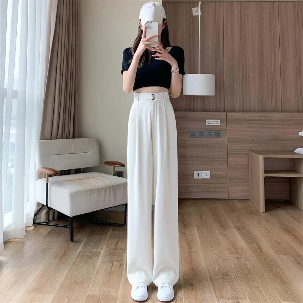 Women's High Waist Suit Wide Leg Full Pants Buttons Summer Straight Loose Trousers