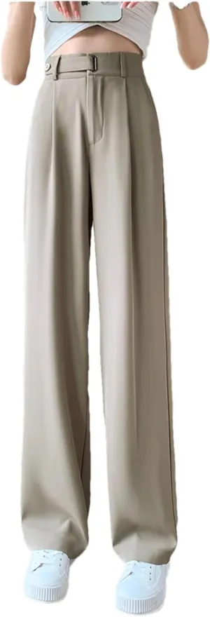 Women's High Waist Suit Wide Leg Full Pants Buttons Summer Straight Loose Trousers