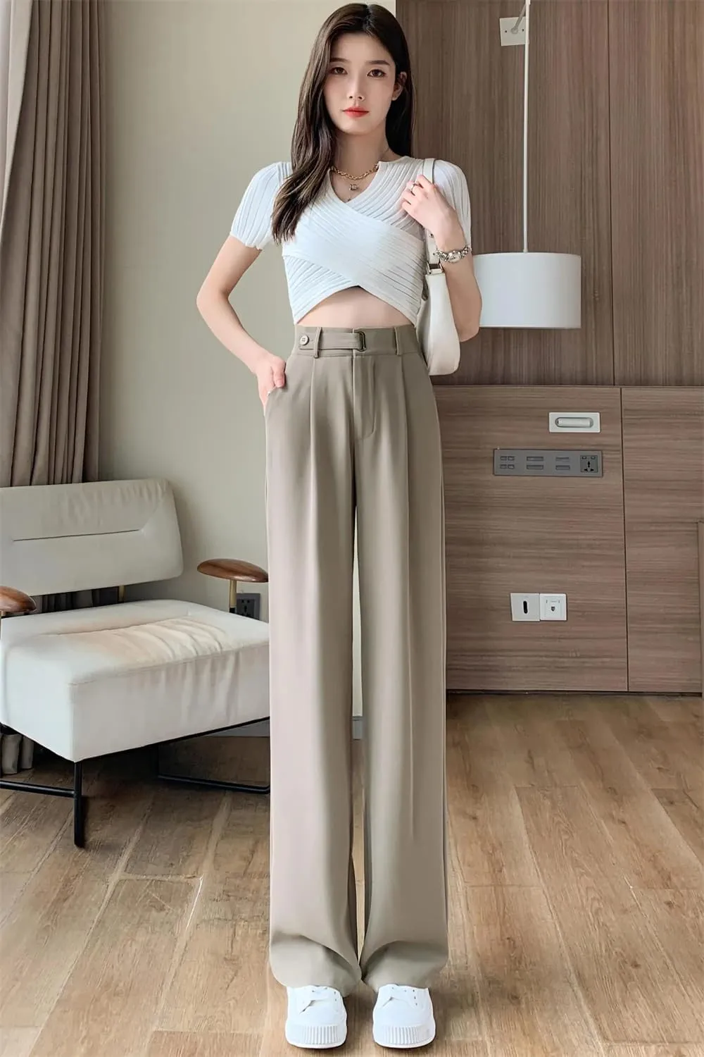 Women's High Waist Suit Wide Leg Full Pants Buttons Summer Straight Loose Trousers