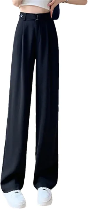 Women's High Waist Suit Wide Leg Full Pants Buttons Summer Straight Loose Trousers