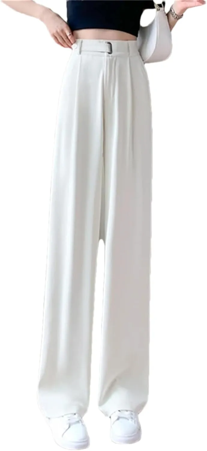 Women's High Waist Suit Wide Leg Full Pants Buttons Summer Straight Loose Trousers