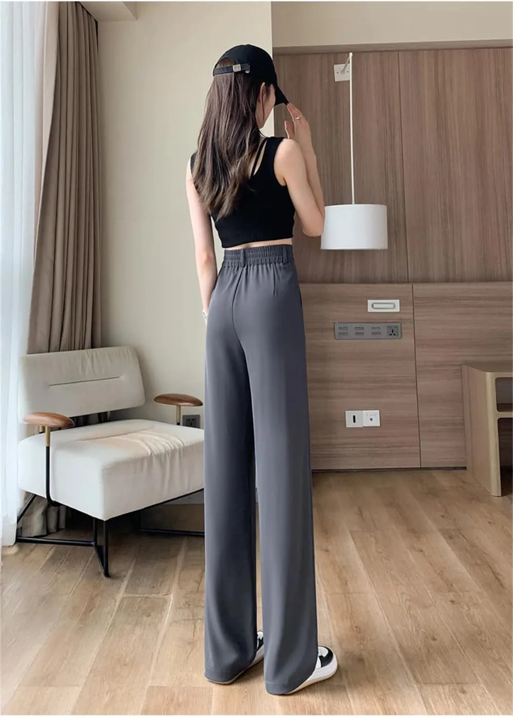 Women's High Waist Suit Wide Leg Full Pants Buttons Summer Straight Loose Trousers