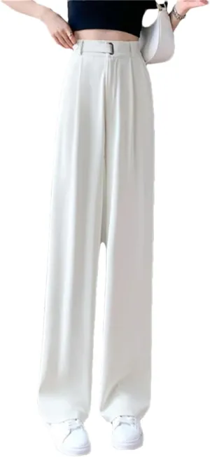 Women's High Waist Suit Wide Leg Full Pants Buttons Summer Straight Loose Trousers