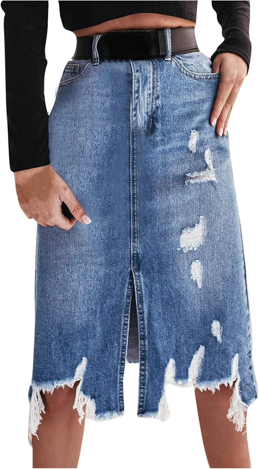 Women's High Waisted Denim Skort Split Front Ripped Personality Skirt 2024 Trendy Summer Daily Shorts