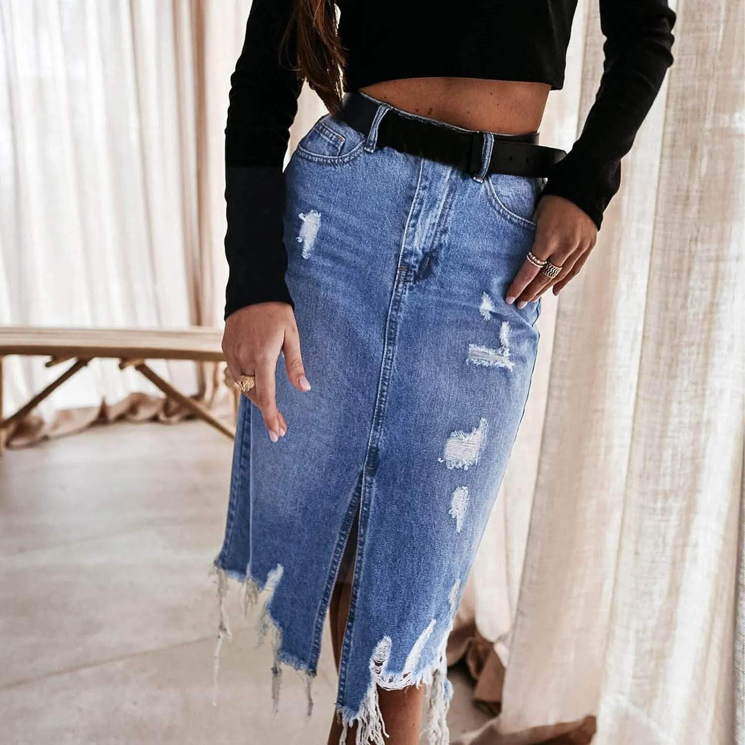 Women's High Waisted Denim Skort Split Front Ripped Personality Skirt 2024 Trendy Summer Daily Shorts