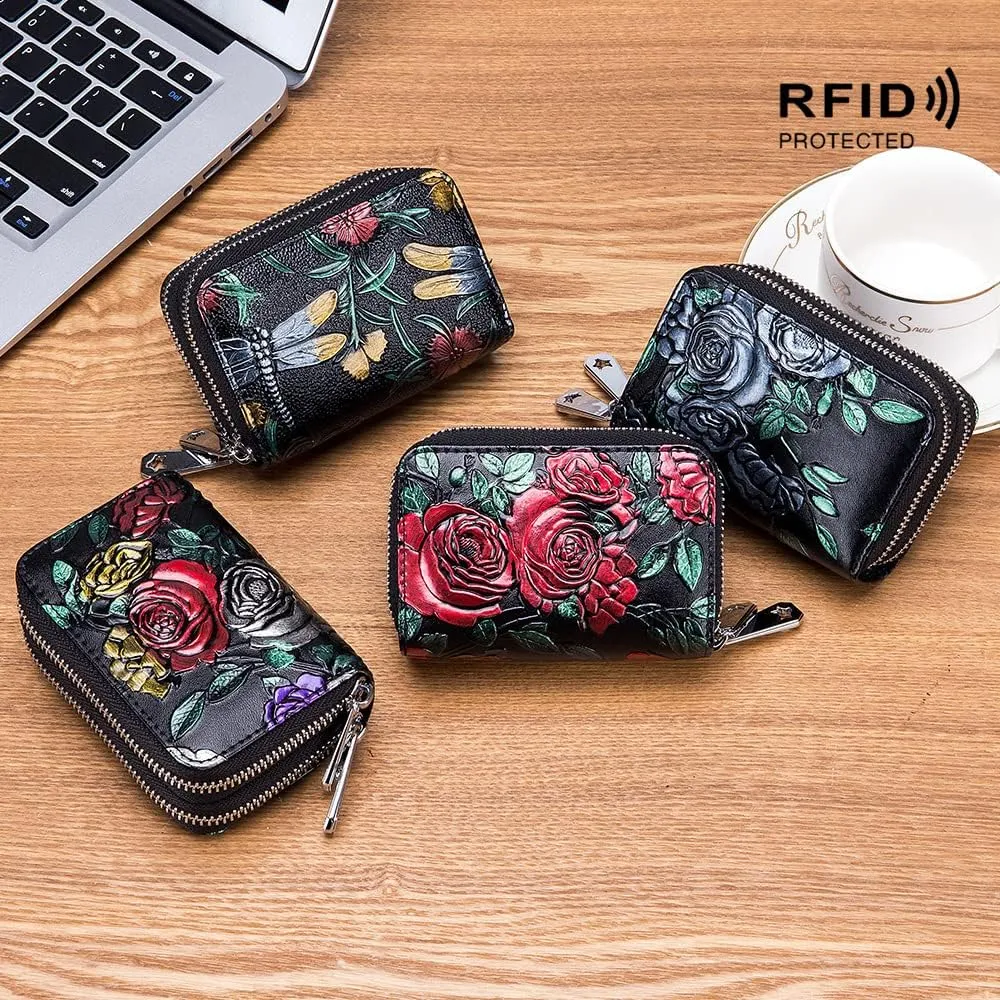 Women's Leather Wallet RFID Blocking Large Capacity Double Zip Floral Hand Painted Embossed Clutch Purse