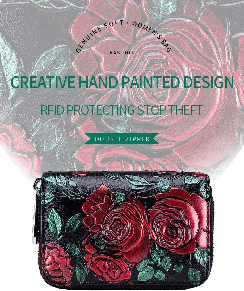 Women's Leather Wallet RFID Blocking Large Capacity Double Zip Floral Hand Painted Embossed Clutch Purse