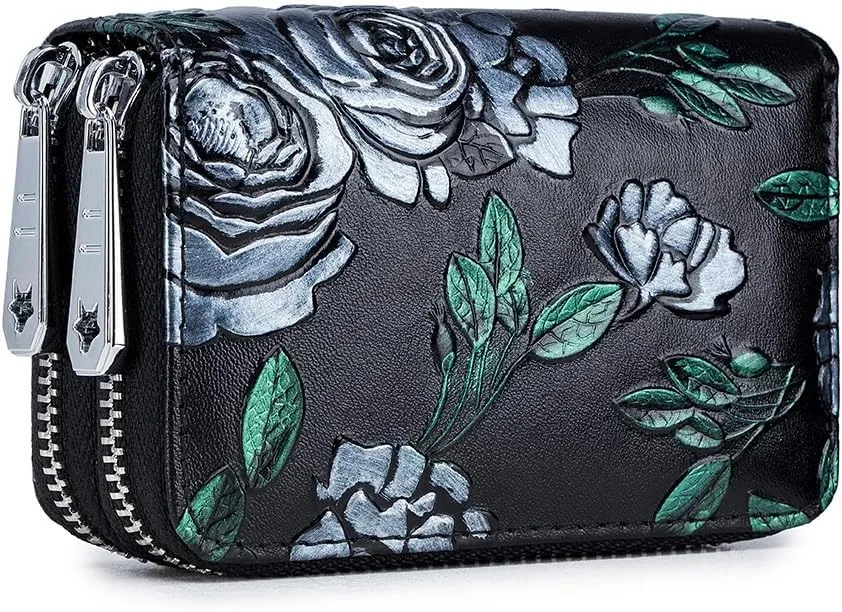 Women's Leather Wallet RFID Blocking Large Capacity Double Zip Floral Hand Painted Embossed Clutch Purse