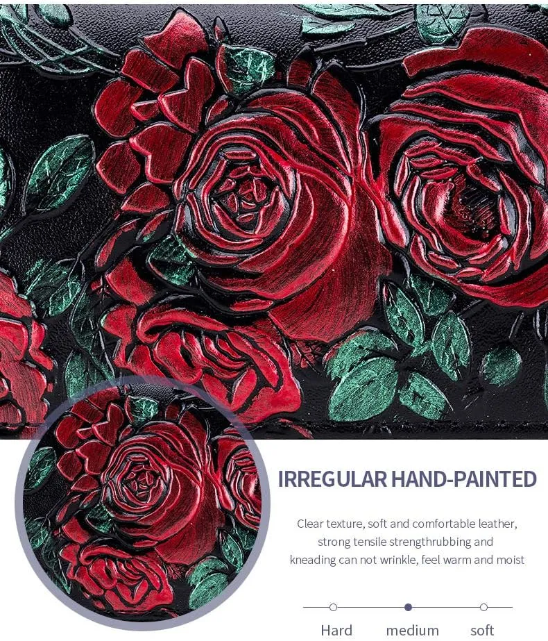 Women's Leather Wallet RFID Blocking Large Capacity Double Zip Floral Hand Painted Embossed Clutch Purse
