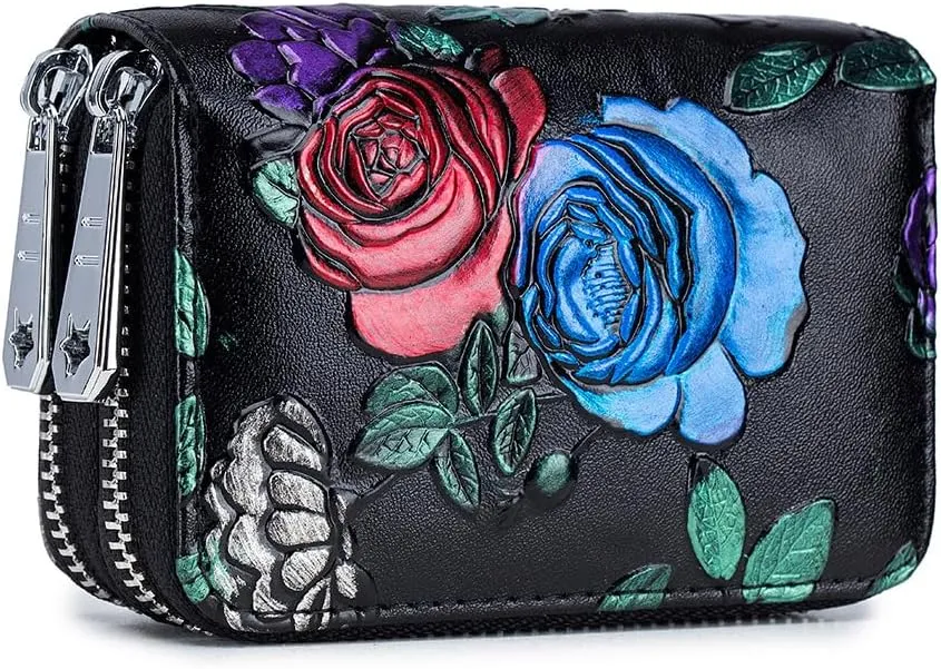Women's Leather Wallet RFID Blocking Large Capacity Double Zip Floral Hand Painted Embossed Clutch Purse
