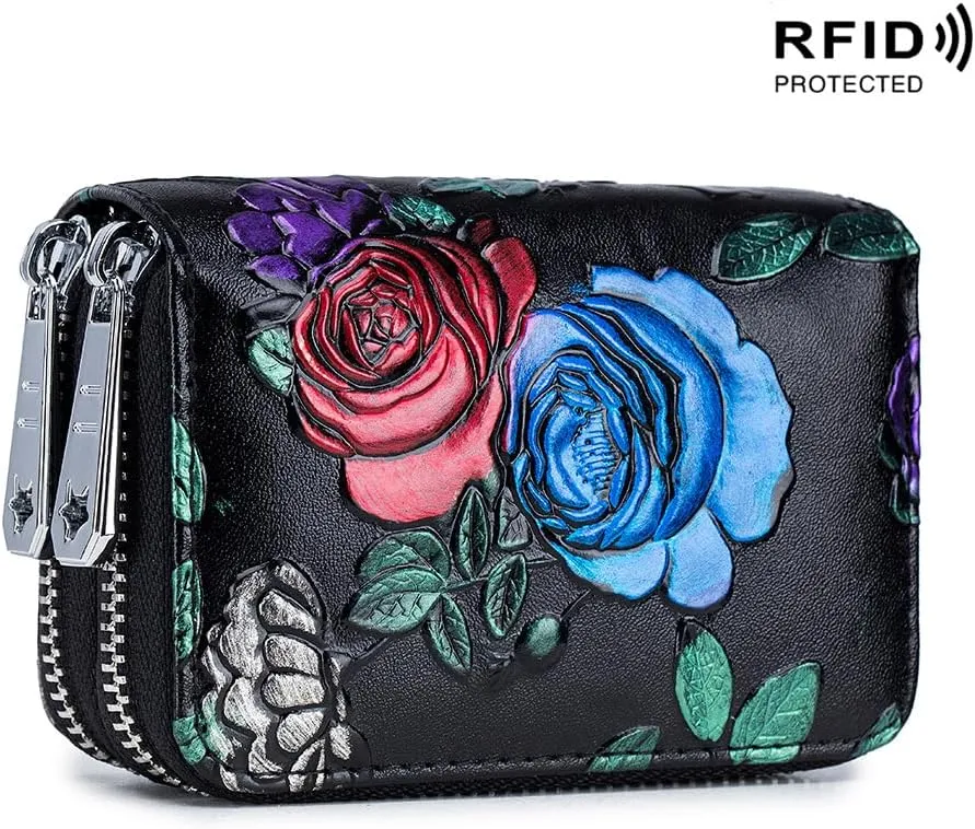 Women's Leather Wallet RFID Blocking Large Capacity Double Zip Floral Hand Painted Embossed Clutch Purse