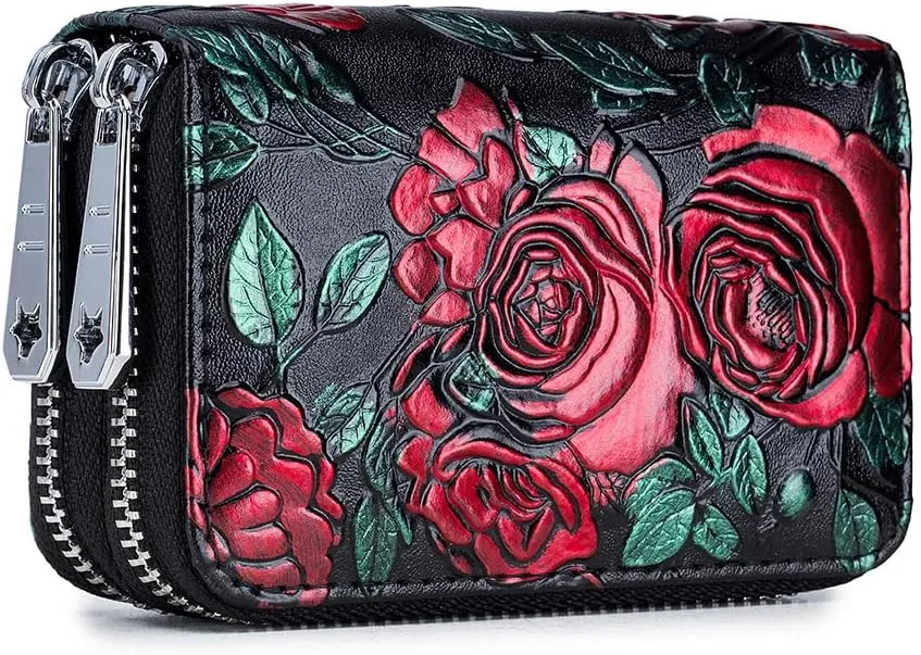 Women's Leather Wallet RFID Blocking Large Capacity Double Zip Floral Hand Painted Embossed Clutch Purse