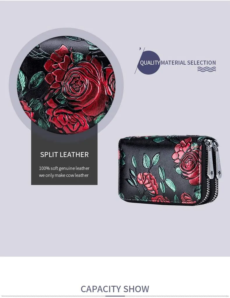 Women's Leather Wallet RFID Blocking Large Capacity Double Zip Floral Hand Painted Embossed Clutch Purse