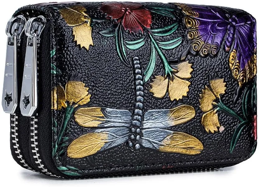 Women's Leather Wallet RFID Blocking Large Capacity Double Zip Floral Hand Painted Embossed Clutch Purse